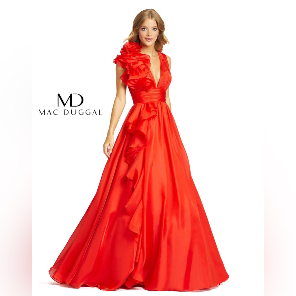 Mac Duggal Ruffle Shoulder V-Neck Chiffon Gown